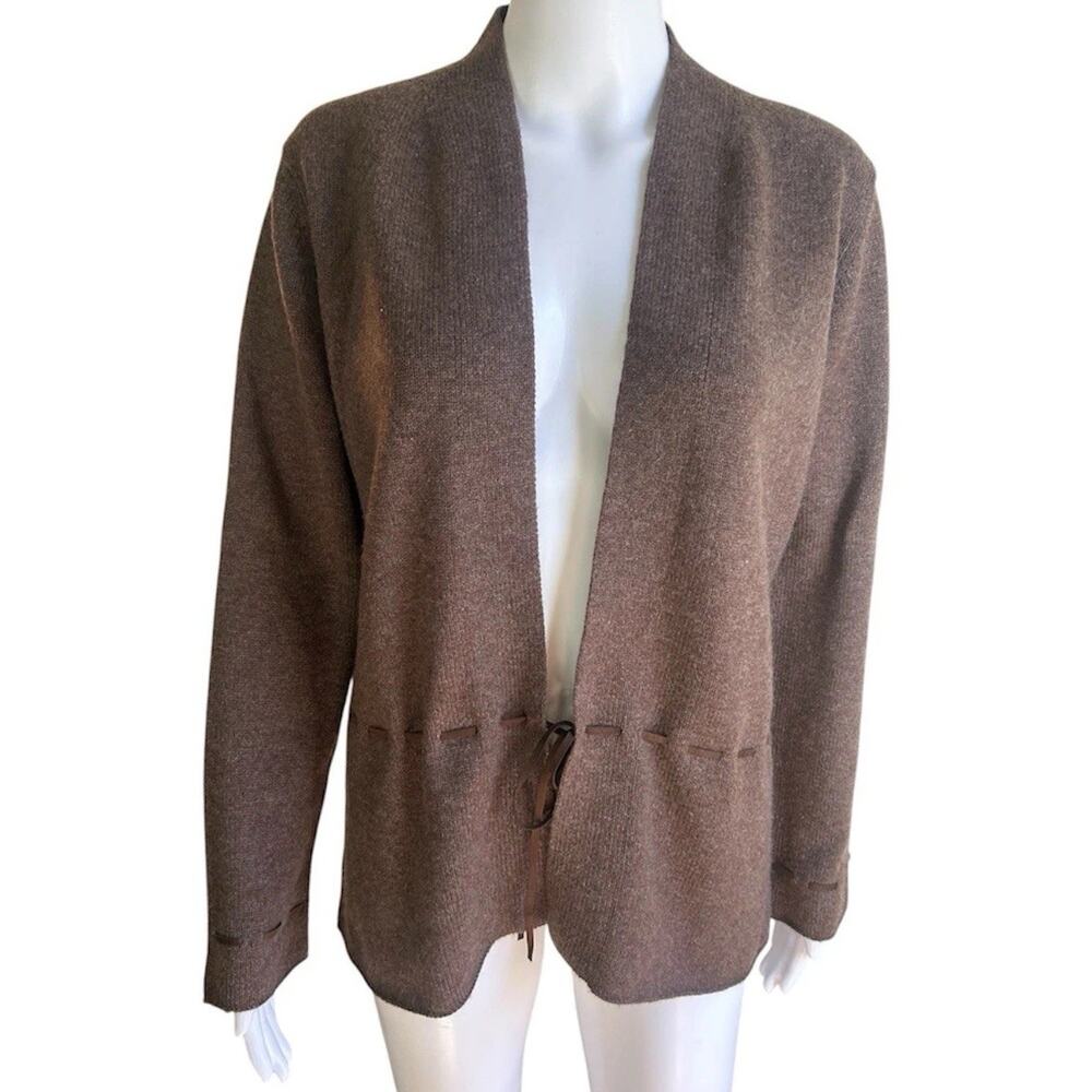 Forte Cashmere Womens L Brown Tie Front Cardigan 100% Cashmere Suede Trim